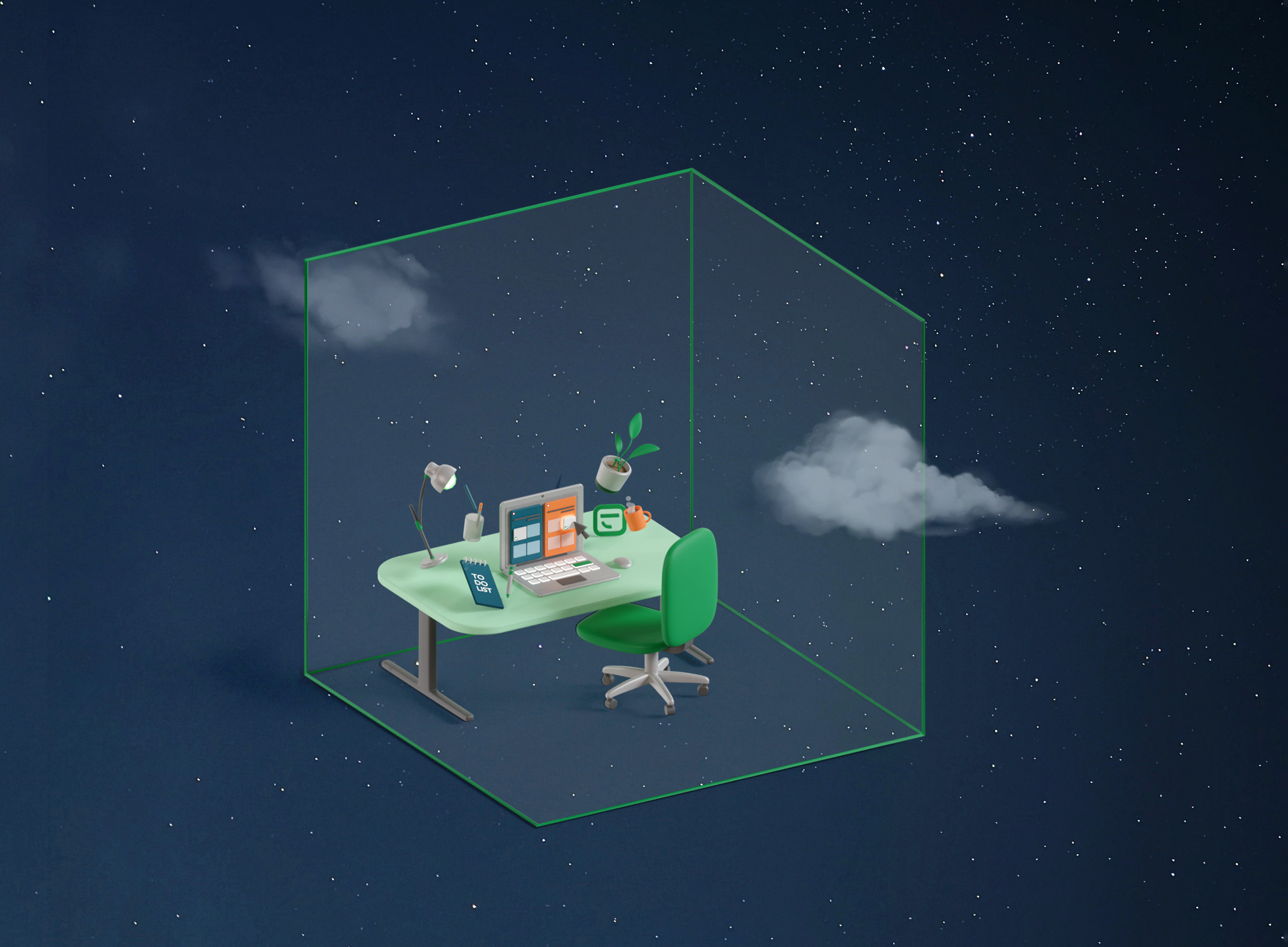 Interstellar Freelance Workspace 🚀✨ 3d 3dart 3dblender art blender branding cube design illustration night space workdesk workspace