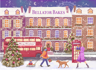 Christmas holidays packaging illustration for the London bakery bakery christmas christmas tree dog england happy holidays house illustration london new year pastry people real estate santa snow uk united kingdom winter xmas