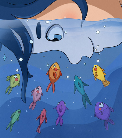 Girl watching fishes book cartoon childrens book colorful cute illustration kidlit