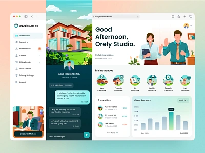 Aqua Insurance Management Dashboard 🏥 analytics aqua chart chat colors dashboard flat illustration gradient green icon insurance laptop logo management member orely saas dashboard transaction ui design web application