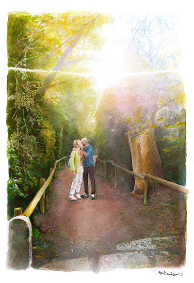 Couple and forest realistic watercolor portrait coloredpencilportrait coupleportrait forest pencil portrait sun sunlight watercolor watercolorportrait watercolour