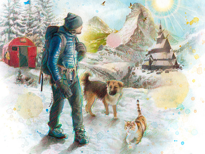 Fito y Zarpas (Adventurer and influencer) catportrait dogportrait landscape mountain pencil portrait watercolor watercolour