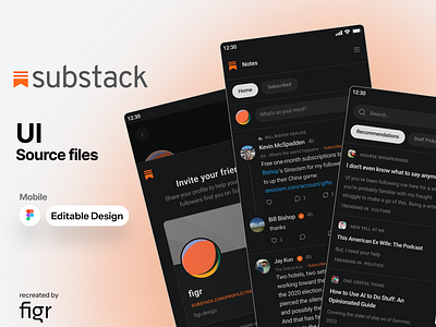 Substack Mobile UI (Redesigned) android articles bloggers blogging books design editable figma free ios kit medium mobile app monitization newsletters substack templates ui ui ux writers