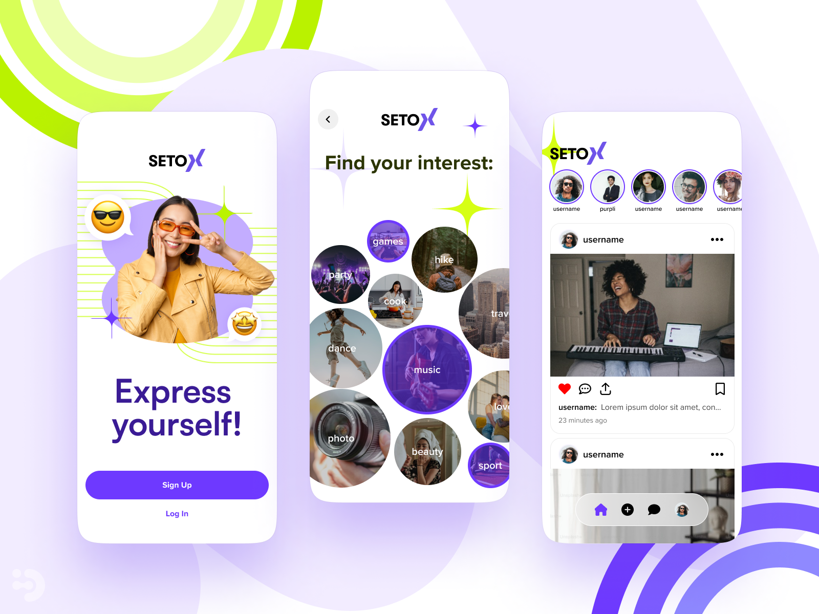 Design for mobile social app app application card design inspiration login mobile onboading purple smartphone ui uiux ux