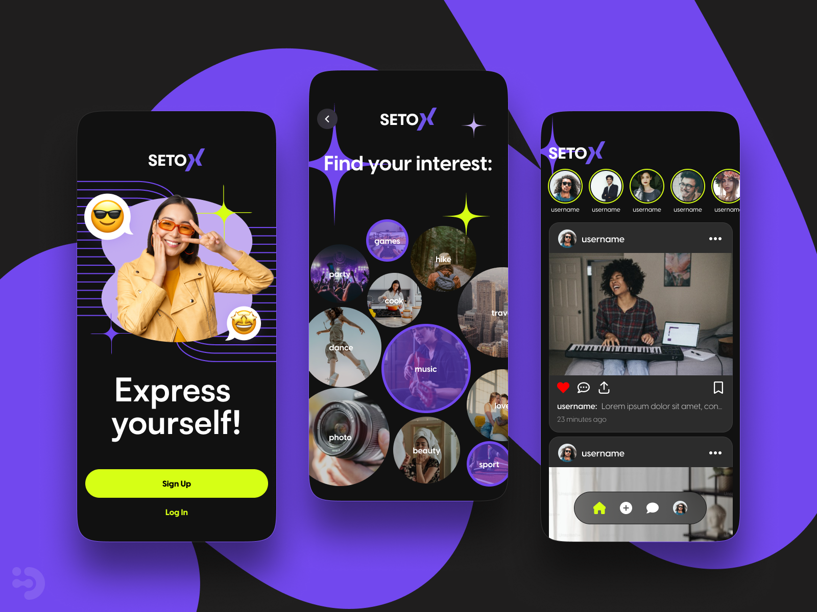 Design for mobile social app card dark inspiration mobile onboarding smartphone social ui uiux ux