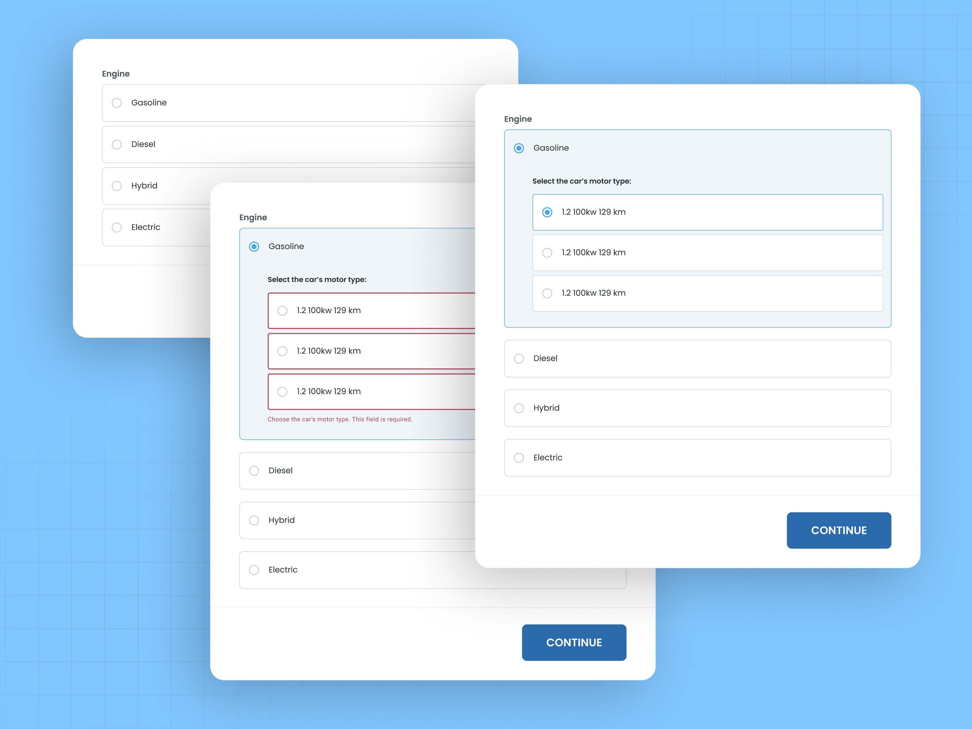 Diagnostic Hub: Engine Selection component design diagnose error error message material material design minimal option question selection single single select single selection ui uiux ux web web design webdesign