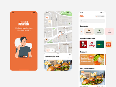 Food App - FoodFinder app branding clean fastfood food guidlines illustration ios logo map orange ui white