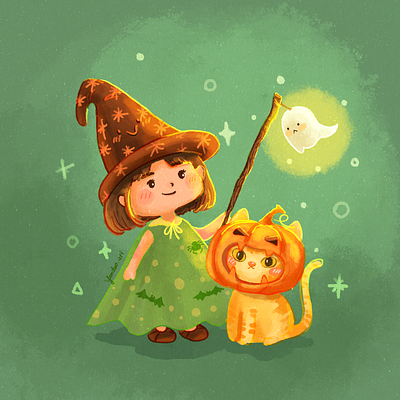 Trick-or-Treat Duo: Little Witch and Her Pumpkin Cat adorable cat character cute cute girl digital drawing ghost green halloween illus illustration process pumpkin texture witch yendao yendao.art
