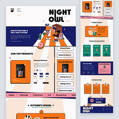 The Night Owl - Coffee Shop brews coffee coffee shop concept design halloween illustration interface landing page minimal pumpkin spooky trick or treat ui webdesign