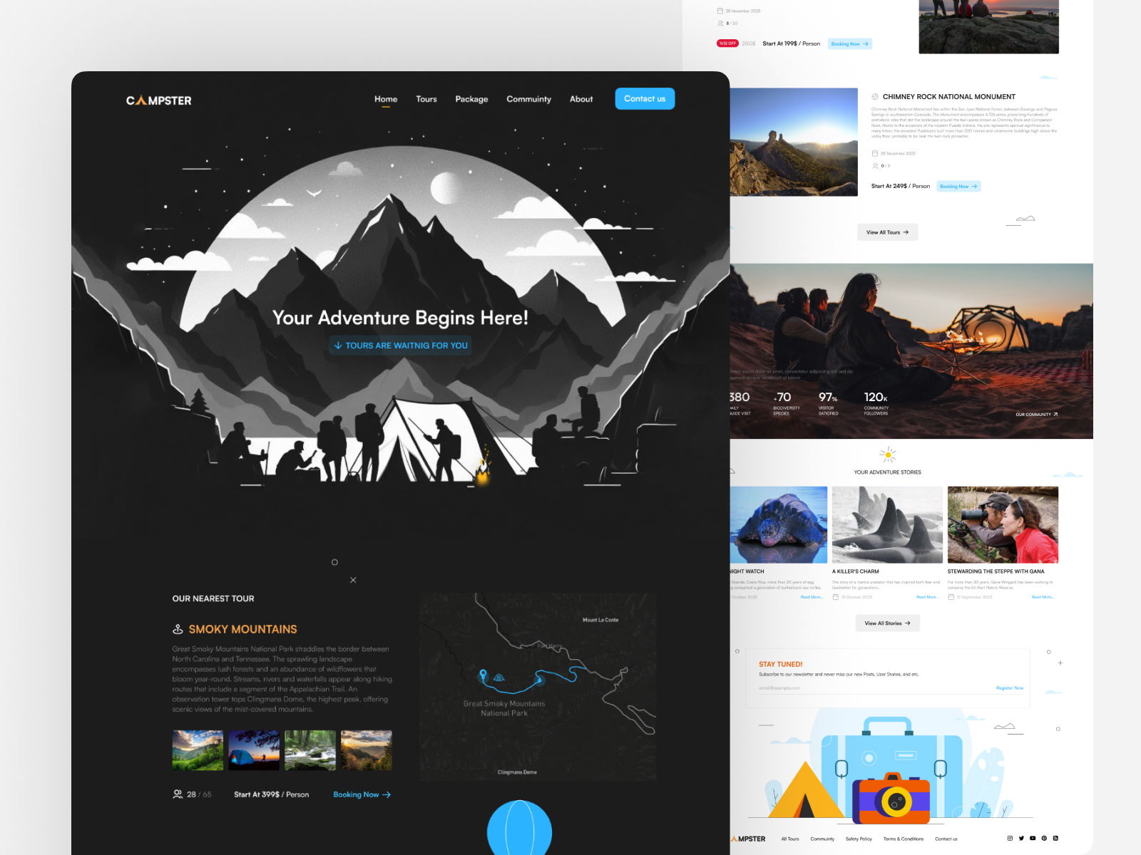 Landing Page For Camping site with illustration in Hero Section booking tour camp illustration hero section hero section illustration illustration landing page ui design userinterface طراحی سایت لندینگ پیج