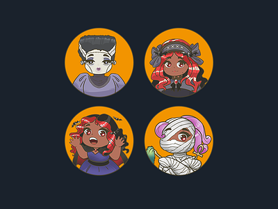 Happy Halloween! chibi chibicute digital art frankestein wife graphic design halloween halloween icons horror illustration kawaii mummy pumpkin scary spooky strange things twitch twitch emotes vampire victorian