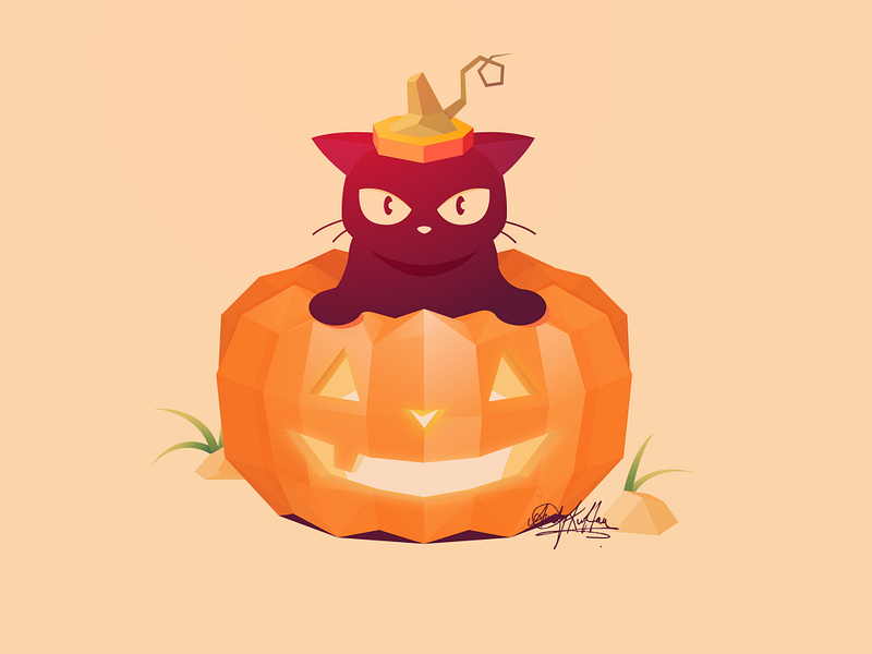 Black Cat Halloween 3d animals black cat cats color colour content creation cute gradient halloween halloween costume happy halloween illustration jack o lantern light leak low poly nature pets pumpkin vector