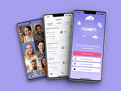 ROOOM speaking clubs community | mobile app app communication conversation education english english course logo mobile app online learning product design research speaking club ui ux video room violet