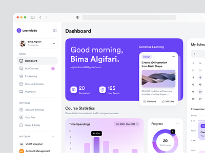 Online Courses: E-Learning Dashboard Design bima calendar card chart clean course courses dashboard design kanban layout learning minimalist online pie plan schedule sidebar ui ui design
