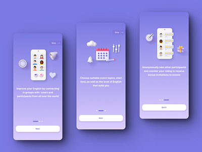 ROOOM speaking clubs community | Onboarding 3d acquaintance app design education english graphic design illustration mobile app onboarding product product design speaking club start ui ux violet