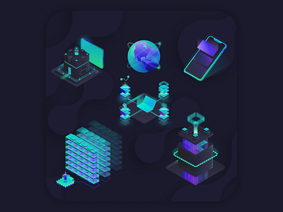 Neon blue Icons - Old icons set for client blue holo illustration isometric light neon ui