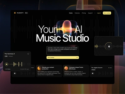 Musikify: AI Music Platform Case Study ai platform ai tool artificial intelligence branding generative music homepage landing page landing page design mic microphone music platform sound soundtrack ui user experience ux web app web application web design