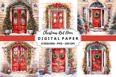 Christmas Red Door Watercolor Background tumbler wrap