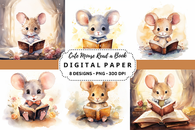 Cute Mouse Read a Book Digital Paper tumbler wrap