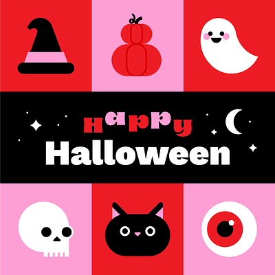 Happy Halloween! cat design eye ghost halloween happy halloween illustration panzura pink pumpkins red skull stylized vectober vector witch hat