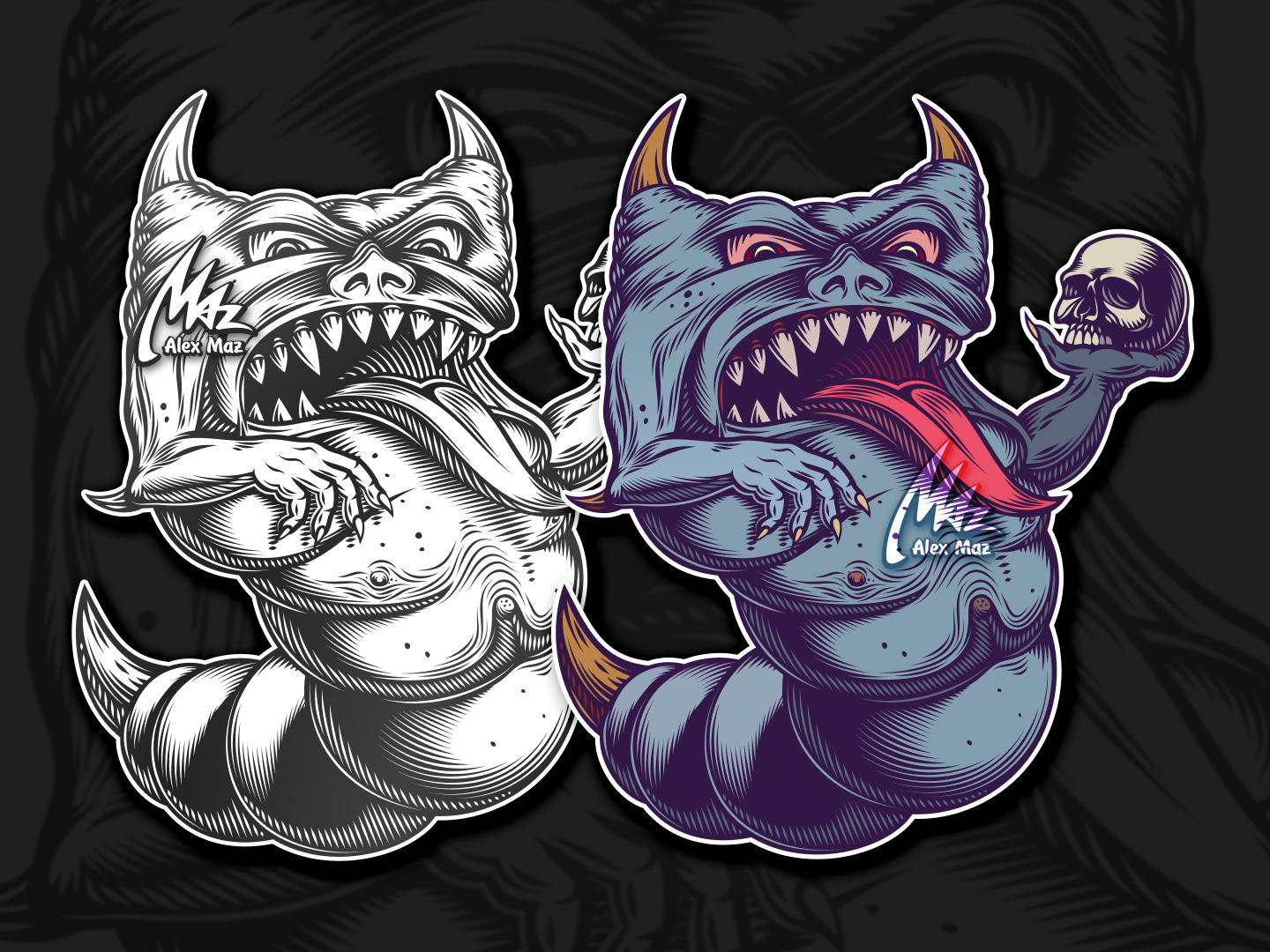 Toothy monster with a skull - Vector Art black and white character dark art demon engraving fat fold halloween hatching illustration line art linocut mascot monster open mouth sketch skull tongue toothy vector art