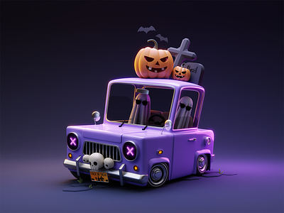 Let's Go Creepy! 3d 3d design 3d halloween 3d illustration 3d pumpkin 3dart 4rmvn animation blender digital art duxica graphic design halloween illustration minimal minimal 3d purple stylized stylized car
