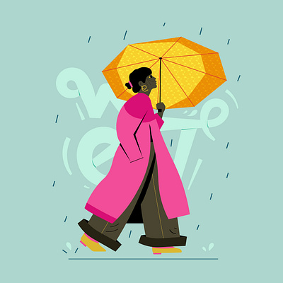 Walking in the rain coat flat geometric girl graphic design illustration monsoon oversized rain umbrella vector walking