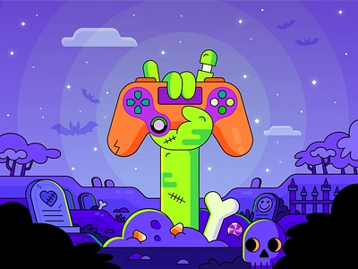 TikTok Night of the LIVE Gamer bats candy creepy gamer gaming graveyard halloween hand illustration night nighttime orange purple skull spooky tiktok tombstone vectober vector zombie