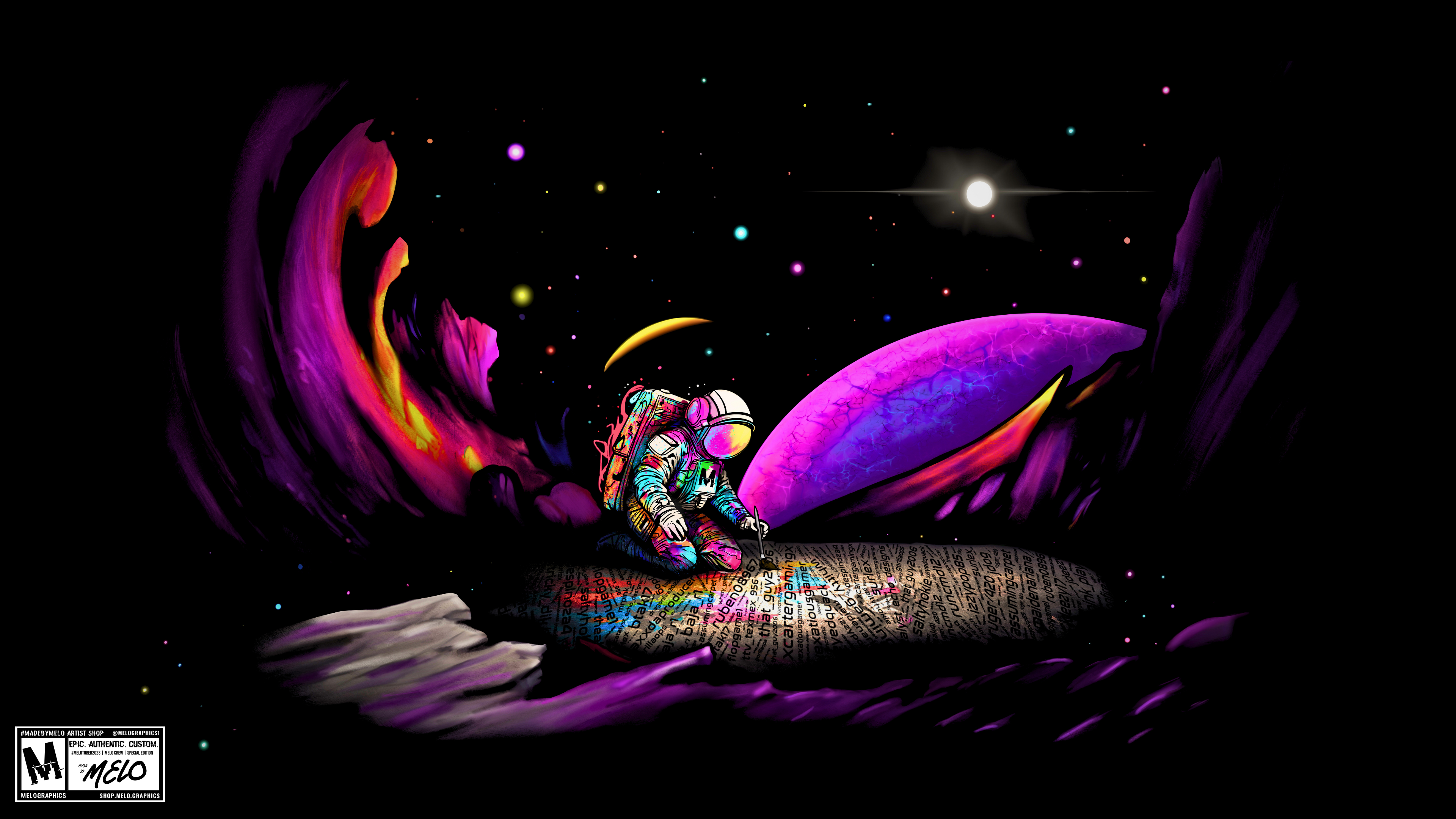 #MELOtober2023 Personalized MELO CREW Design | #MadeByMELO artist astronaut digital art galaxy graphic design illustration madebymelo melo crew melographics melotober2023 personalized printed to order procreate space wallpaper