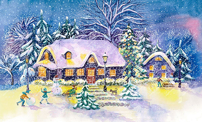 Watercolor illustration “Christmas night! christmas cards christmas decoration christmas illustration christmas night christmas projects christmas scene christmas village graphic design instant download invitations labels design new year new year cards packaging design sale snowmen snowy village watercolor christmas watercolor illustration winter scene