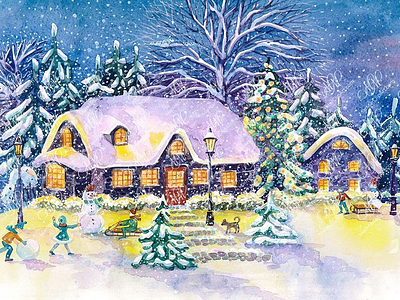 Watercolor illustration “Christmas night! christmas cards christmas decoration christmas illustration christmas night christmas projects christmas scene christmas village graphic design instant download invitations labels design new year new year cards packaging design sale snowmen snowy village watercolor christmas watercolor illustration winter scene
