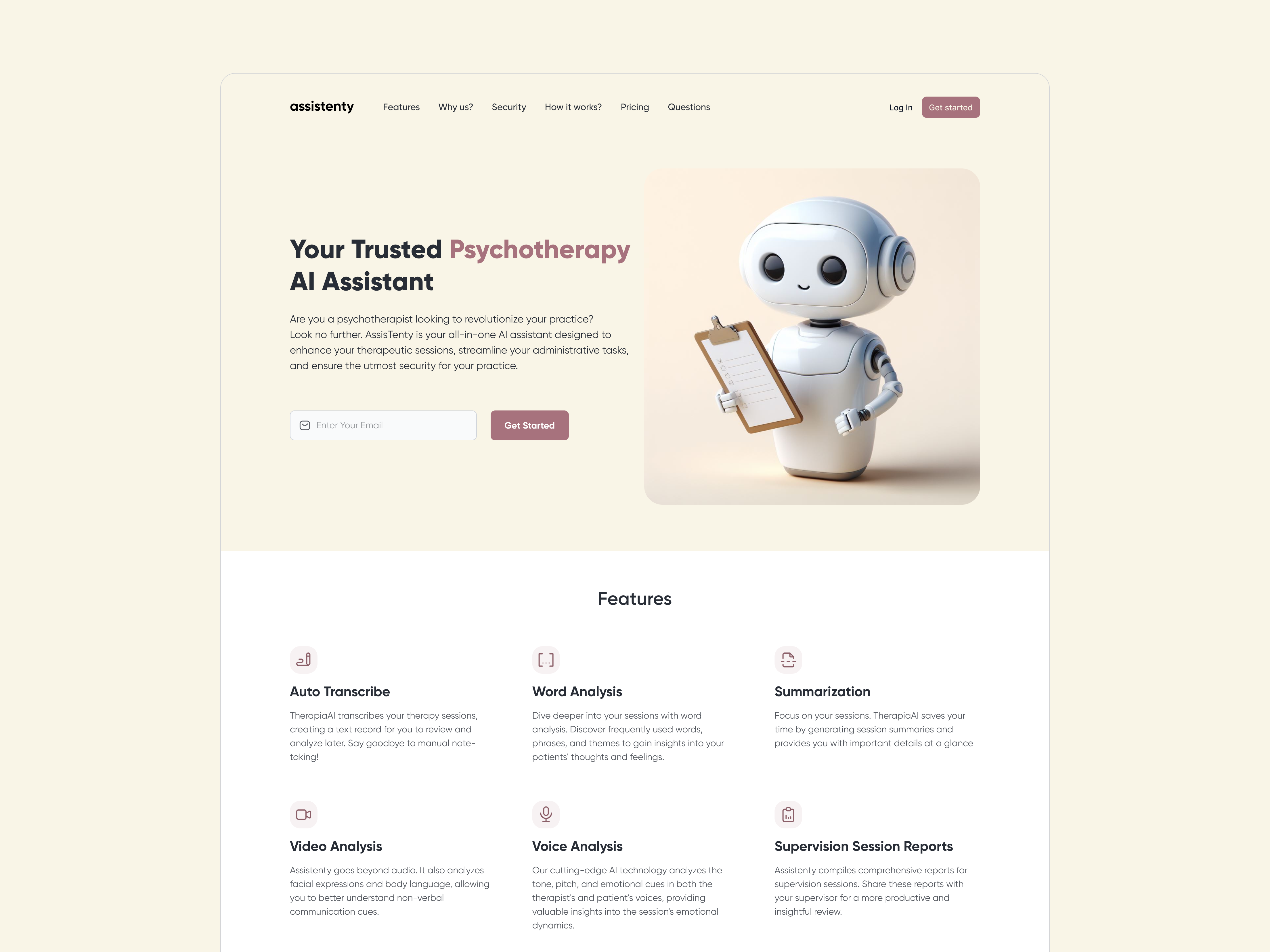Psychotherapy AI Assistant Landing page ai assistant homepage landing product product design psychotherapy robot therapy ui