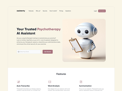Psychotherapy AI Assistant Landing page ai assistant homepage landing product product design psychotherapy robot therapy ui