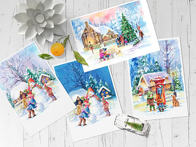 Set of watercolor illustrations “Christmas scenes” children christmas cards christmas decorations christmas illustrations christmas night christmas scenes christmas set christmas village graphic design greeting cards illustration instant download labels design new year cards new year illustrations packaging design set illustrations snowmen watercolor illustrations winter time