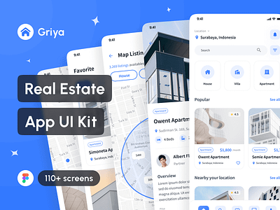 Griya - Real Estate App UI Kit app app design application design design system home property app hotel booking app interface mobile mockup portfolio project real estate app rent apartment app rent home app rent house app ui ui design ui kit uiux