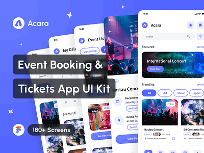 Acara - Event Booking & Tickets App UI Kit app app design application design design system event app event booking app event management app event organizing app event ticketing app figma interface mobile mockup portfolio project ui ui design ui kit uiux