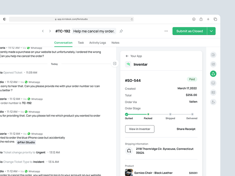 KirriDesk - Ticket Conversation - 3rd Party Apps 3rd party conversation crm customer service cx dashboard design help desk management product design saas support ui ux web design