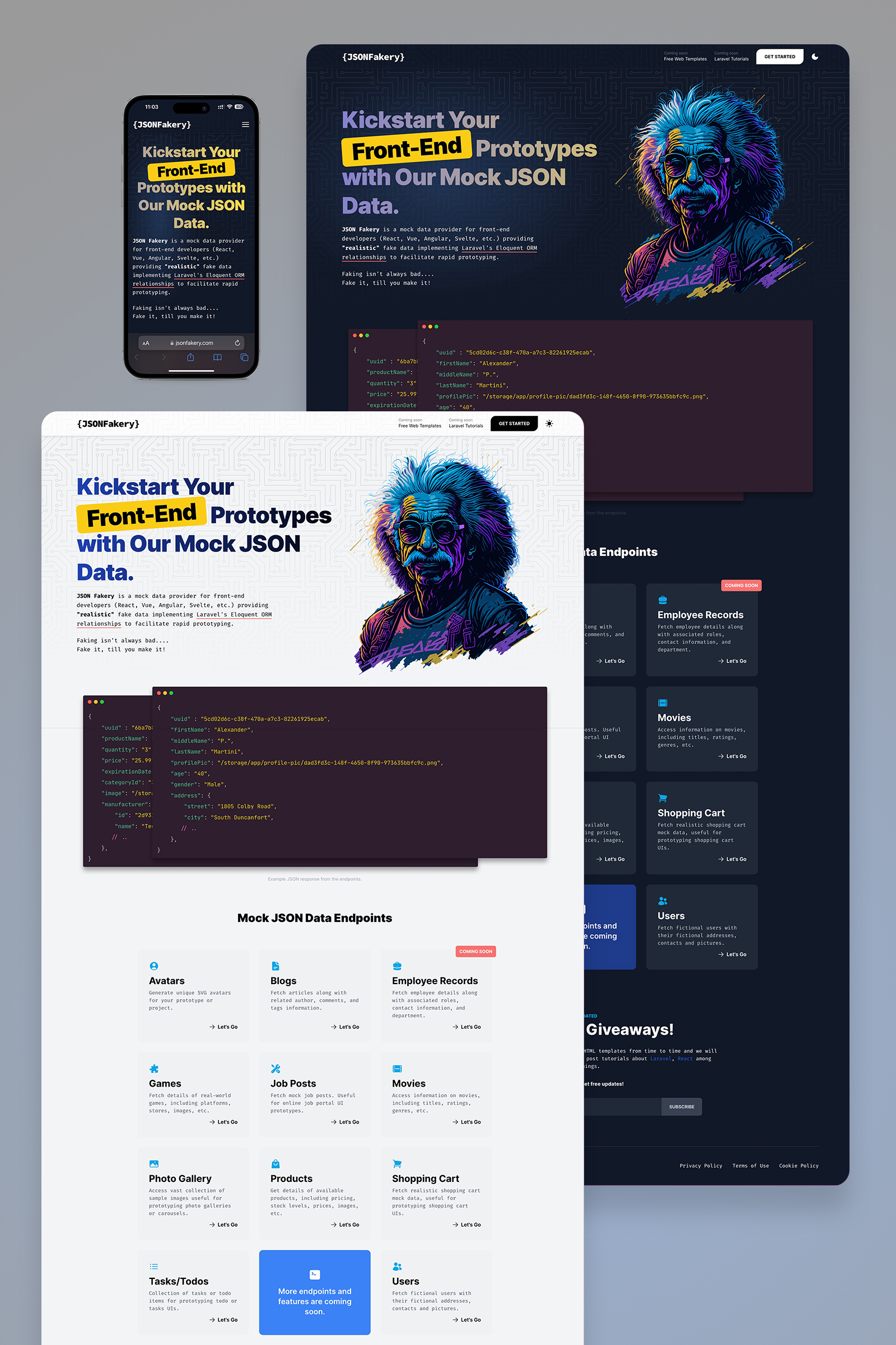 JSON Fakery design landing page responsive design responsive web design tailwindcss ui web design web design concept website