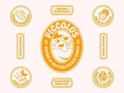 Piccolo's Pickles No.2 badge branding character design flower food garlic graphic design illustration label logo mustache onion packaging pickle print sticker stickers sugar vector