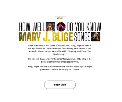 Mary J. Blige Songs Quiz branding product design typography ui website