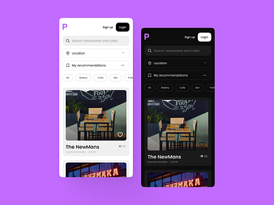 Restaurant finder app app cards categories dailyui darkmode design filter lightmode like minimal responsive restaurant saas searchbar signup ui userinterface ux webapp