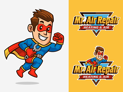 Mr. Air Repair Heating and Air air air conditioning air repair branding character design cooling heating hvac logo design mascot mascot design mascot logo mr air repair plumbing repair man superhero