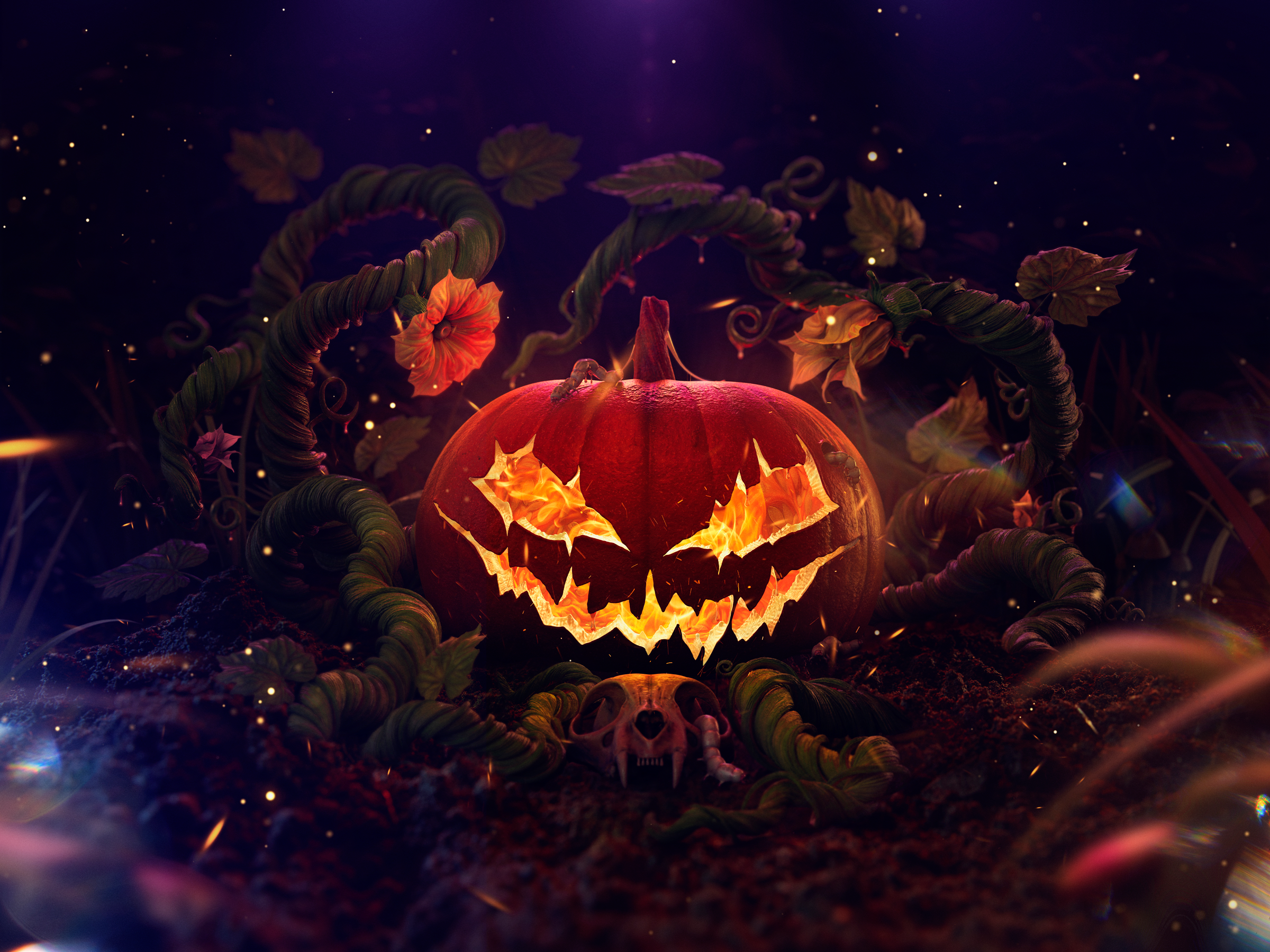 Pumpkin · Project 3d concept art fire flower graveyard halloween head horror illustration monster night photography pumpkin render sculpting smoke sparkles textures worms