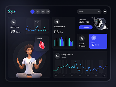 Health Monitoring Dashboard Page Exploration charts dark theme dashboard data design desktop device fitness health healthcare hospital line chart medical monitoring stats ui ux website whitespace