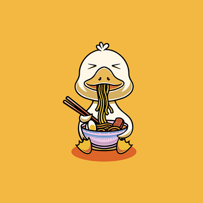 Cute duck eating ramen cartoon illustration soba