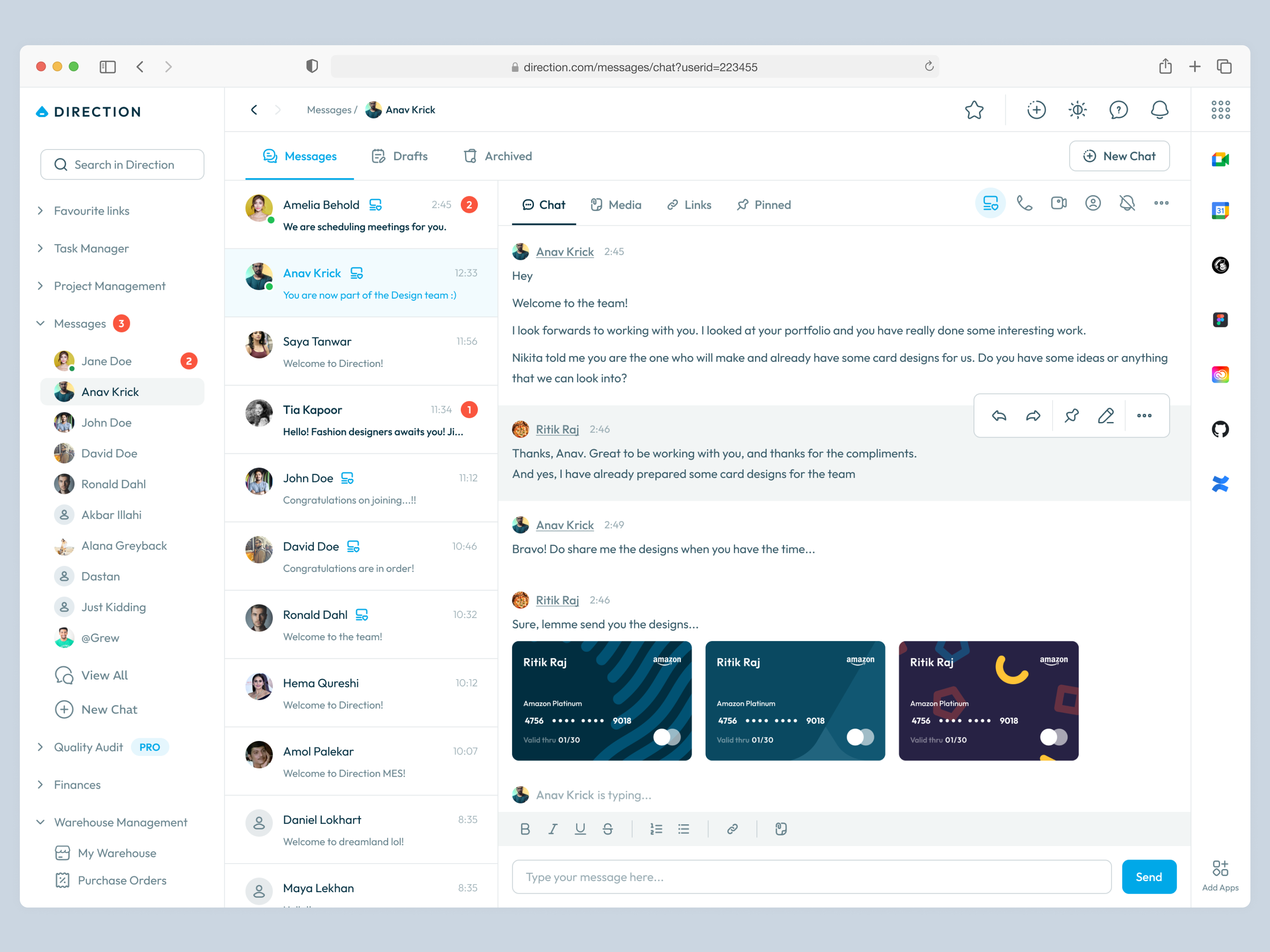 Direction - a B2B Software for everything - Chat Messenger b2b chat chat ui dashboard drafts group chat manufacturing manufacturing software message ui messaging messenger messenger ui navbar navbar ui order management pinned messages project management saas single chat web dashboard