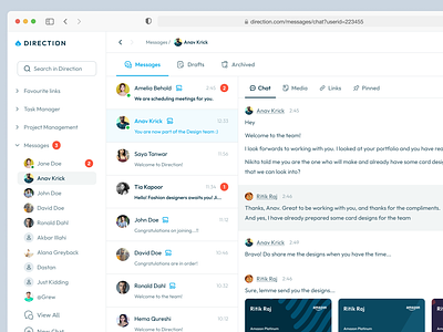 Direction - a B2B Software for everything - Chat Messenger b2b chat chat ui dashboard drafts group chat manufacturing manufacturing software message ui messaging messenger messenger ui navbar navbar ui order management pinned messages project management saas single chat web dashboard