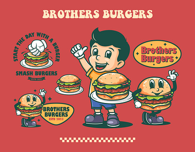 BROTHERS BURGERS 20s 30s 50s branding burger cartoon logo fastfood food logo graphic design hamburger hand draw logo mascot mascot design retro retro cartoon retro character retro design retro mascot retro style