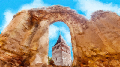 Mosna watercolour painting blue sky brown church medievil old ruins painting procreate warm colors watercolour yellow