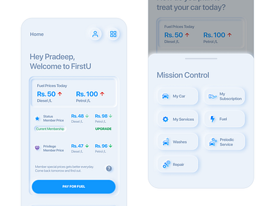 Home Screen - FirstU app app design car design fuel home neumorphism ui
